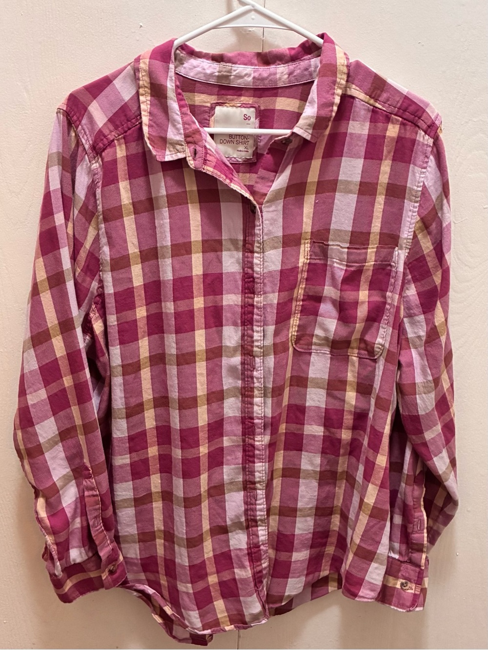 SO Favorite Button Down Plaid Flannel Shirt - Soft/Berry Pink & Cream